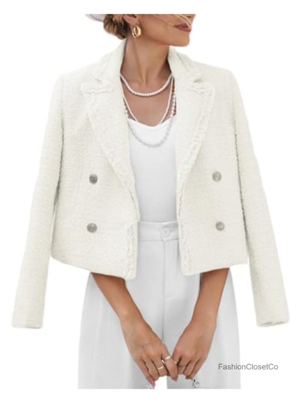 Tweed Blazer Jacket Cropped Fringe Trim Double Breasted Pockets